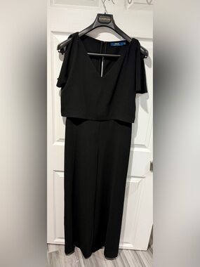 Polo by Ralph Lauren Black Cold-Shoulder Wide-Leg Jumpsuit with V-Neck